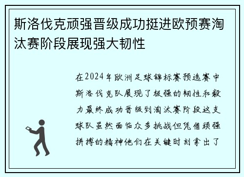 斯洛伐克顽强晋级成功挺进欧预赛淘汰赛阶段展现强大韧性