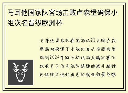 马耳他国家队客场击败卢森堡确保小组次名晋级欧洲杯