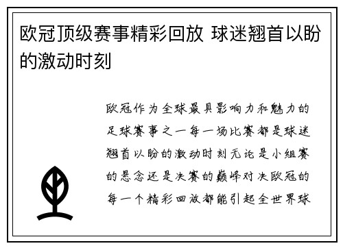 欧冠顶级赛事精彩回放 球迷翘首以盼的激动时刻